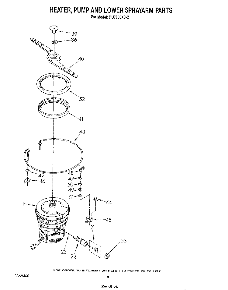 HEATER, PUMP AND LOWER SPRAY ARM Diagram and Parts List for DU7800XS2  Whirlpool Dishwasher
