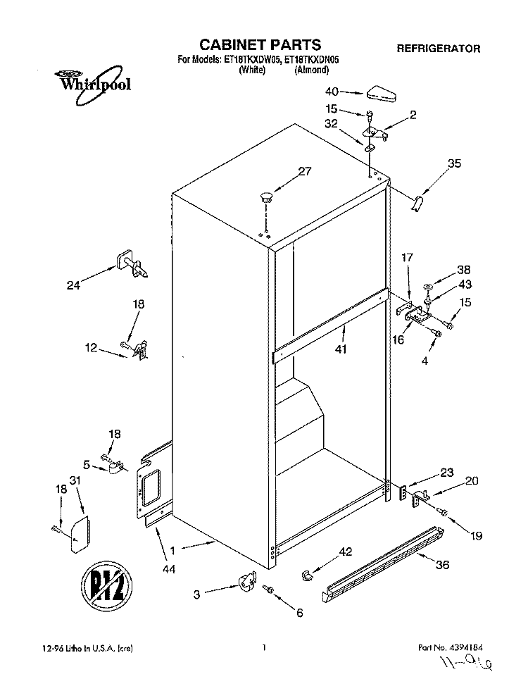 CABINET Diagram and Parts List for ET18TKXDW05  Whirlpool Refrigerator