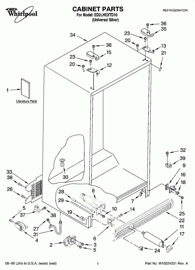 CABINET PARTS Diagram and Parts List for ED2LHEXTD10  Whirlpool Refrigerator