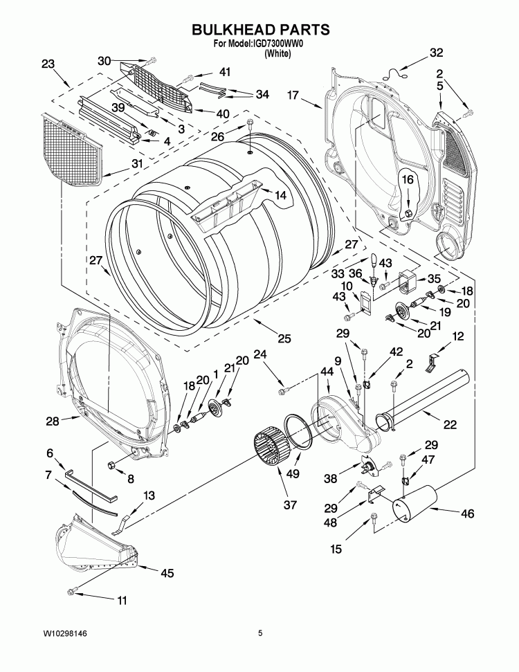 BULKHEAD PARTS Diagram and Parts List for IGD7300WW0  Inglis Dryer