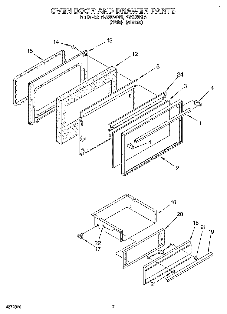 OVEN DOOR AND DRAWER Diagram and Parts List for FGS385BL5  Roper Range