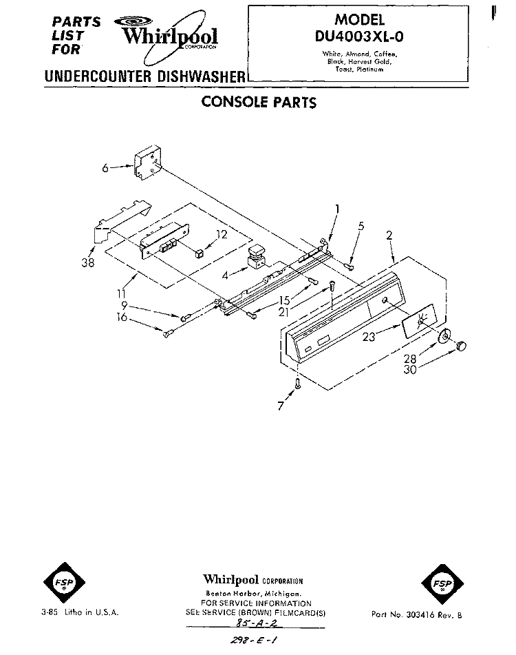 CONSOLE Diagram and Parts List for DU4003XL0  Whirlpool Dishwasher