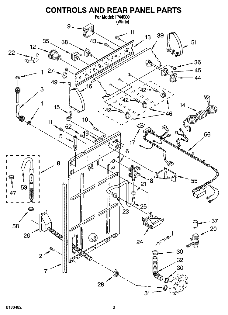 CONTROLS AND REAR PANEL PARTS Diagram and Parts List for IP44000  Inglis Washer