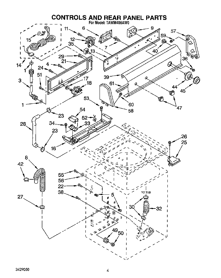 CONTROLS AND REAR PANEL Diagram and Parts List for TAWM400AW0  Estate Washer