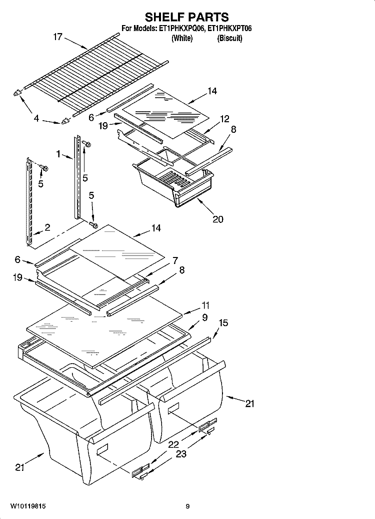 SHELF PARTS, OPTIONAL PARTS (NOT INCLUDED) Diagram and Parts List for ET1PHKXPQ06  Whirlpool Refrigerator
