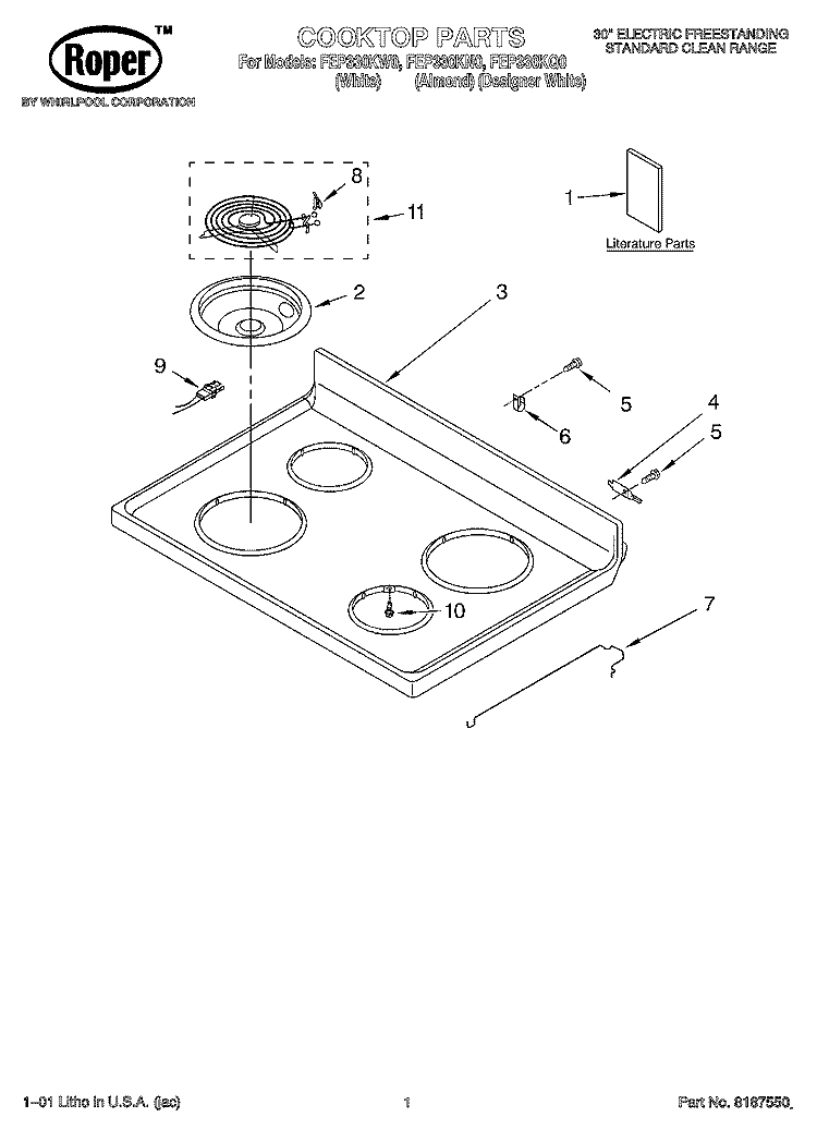COOKTOP, LITERATURE Diagram and Parts List for FEP330KQ0  Roper Range