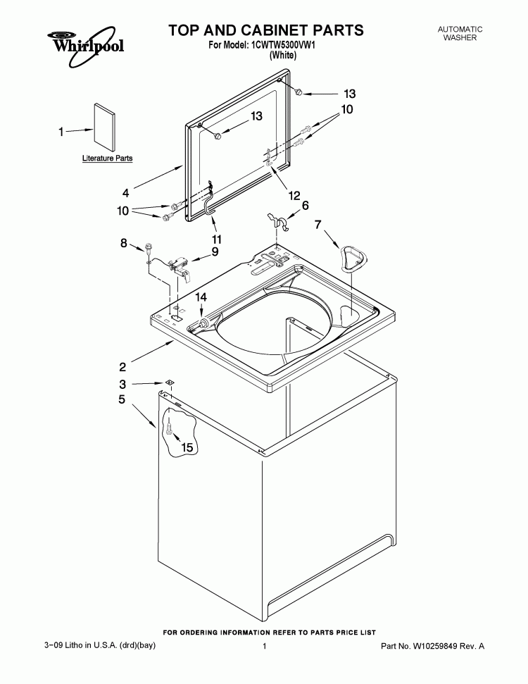 TOP AND CABINET PARTS Diagram and Parts List for 1CWTW5300VW1  Whirlpool Washer