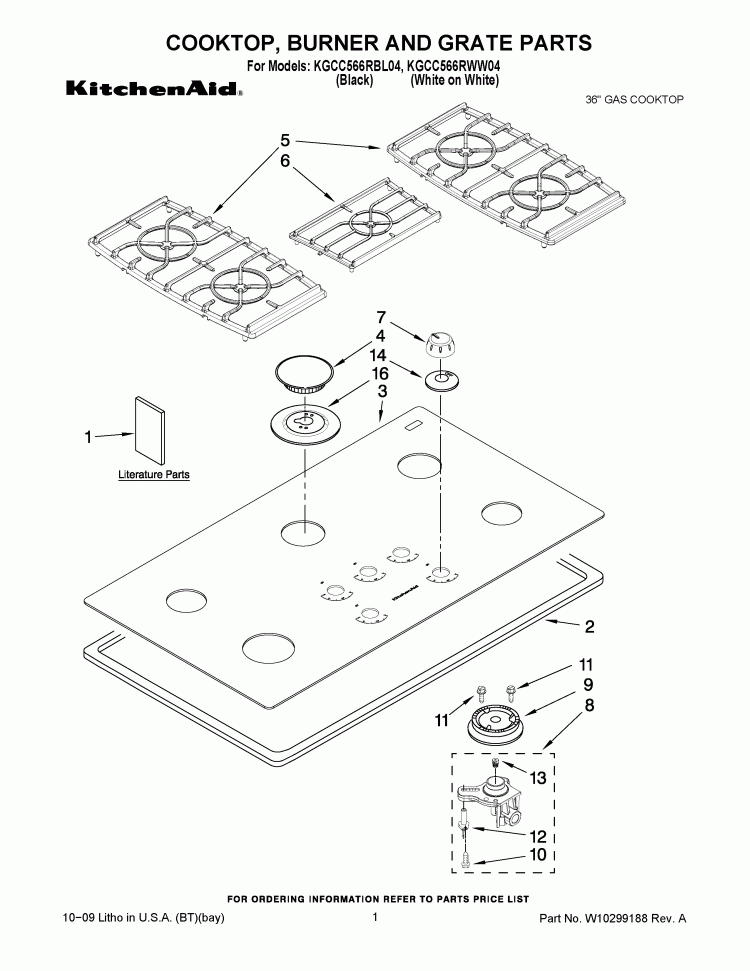 COOKTOP, BURNER AND GRATE PARTS Diagram and Parts List for KGCC566RBL04  KitchenAid Cooktop