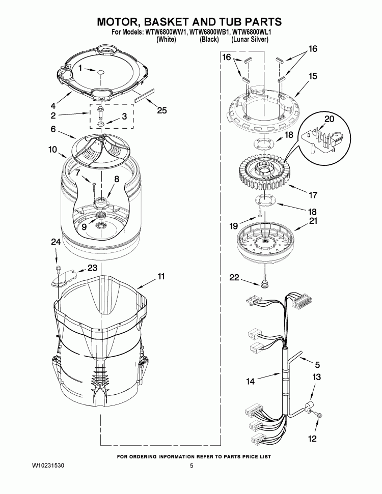 MOTOR, BASKET AND TUB PARTS Diagram and Parts List for WTW6800WW1  Whirlpool Washer