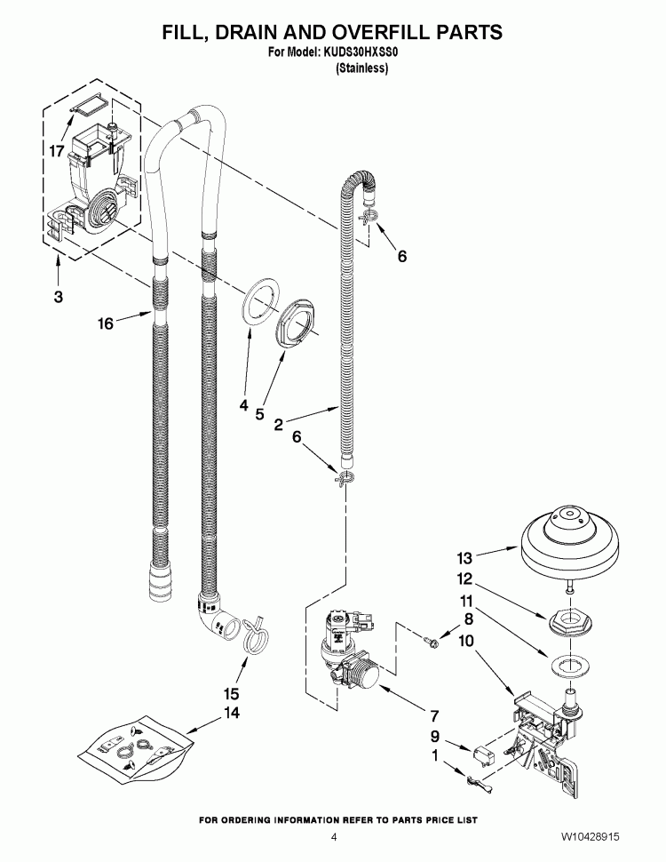 FILL, DRAIN AND OVERFILL PARTS Diagram and Parts List for KUDS30HXSS0  KitchenAid Dishwasher
