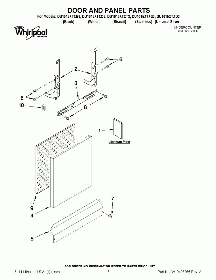 DOOR AND PANEL PARTS Diagram and Parts List for DU1015XTXQ3  Whirlpool Dishwasher