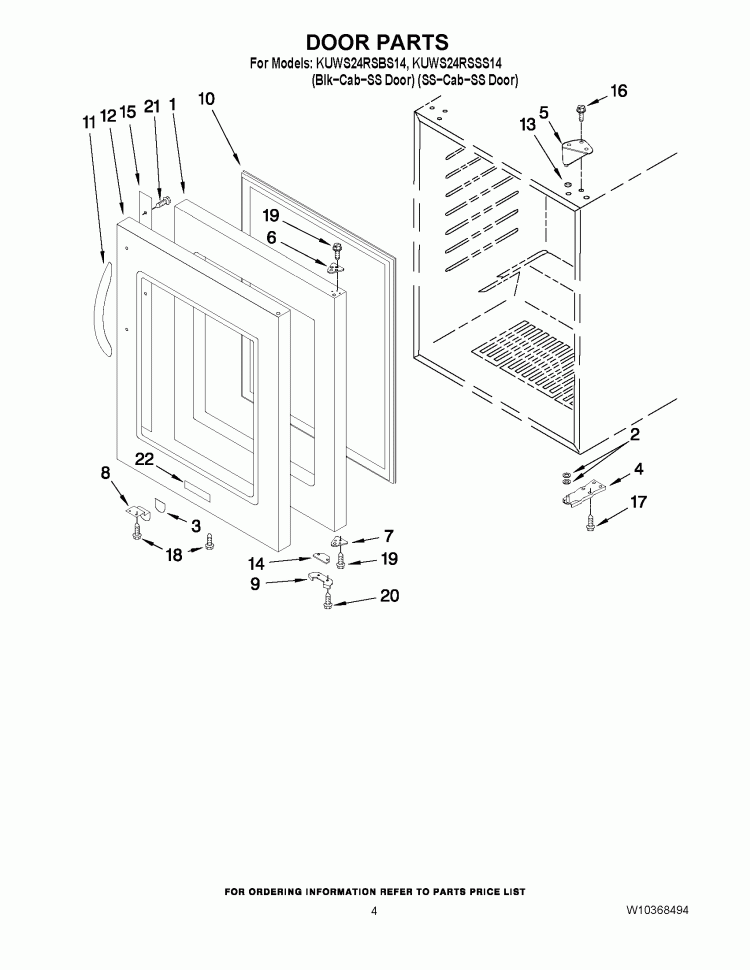 DOOR PARTS Diagram and Parts List for KUWS24RSBS14  KitchenAid Wine and Beverage Cooler