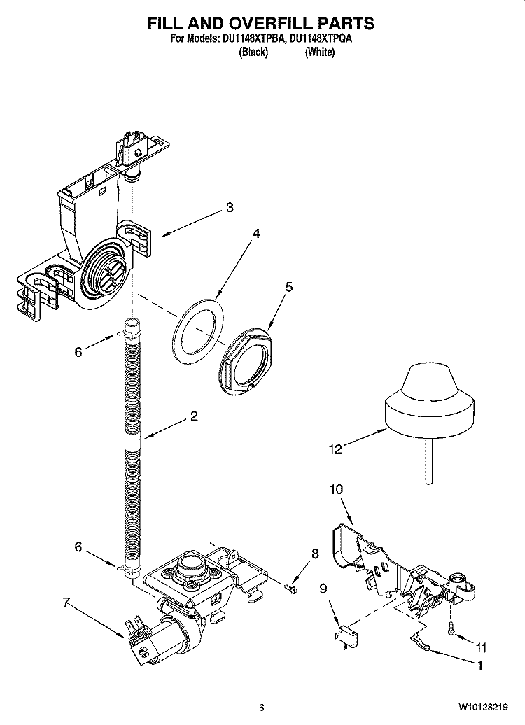 FILL AND OVERFILL PARTS Diagram and Parts List for DU1148XTPBA  Whirlpool Dishwasher