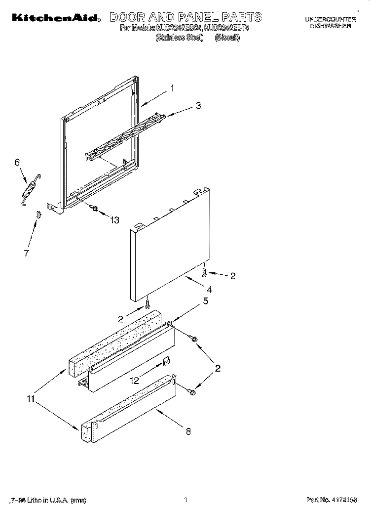 DOOR AND PANEL Diagram and Parts List for KUDS24SEBS4  KitchenAid Dishwasher