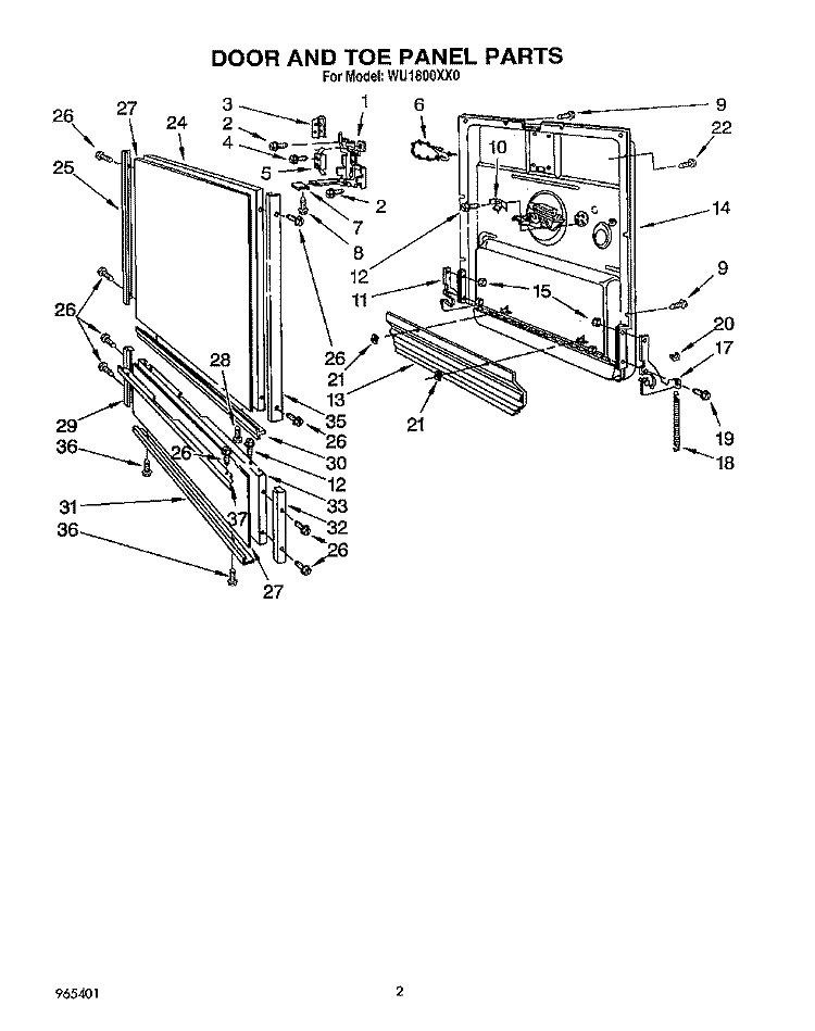 DOOR AND TOE PANEL Diagram and Parts List for WU1800XX0  Roper Dishwasher