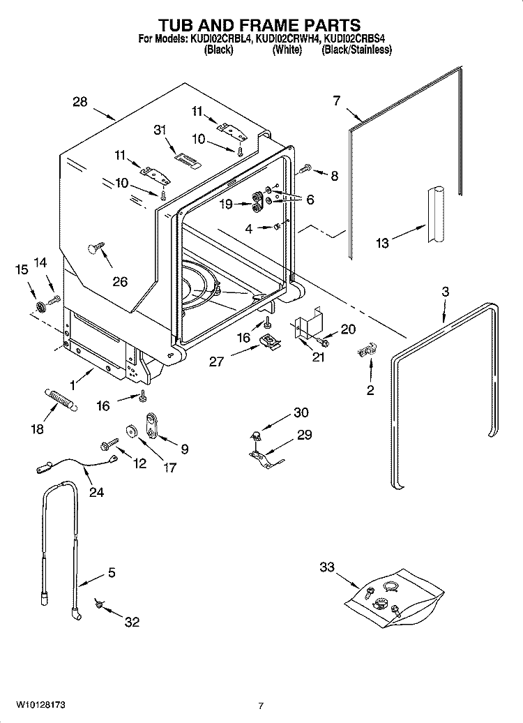 TUB AND FRAME PARTS Diagram and Parts List for KUDI02CRBL4  KitchenAid Dishwasher