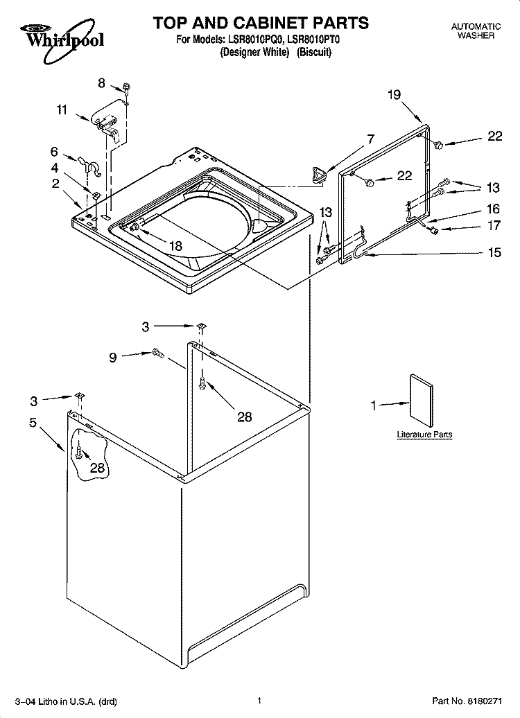 TOP AND CABINET PARTS Diagram and Parts List for LSR8010PT0  Whirlpool Washer