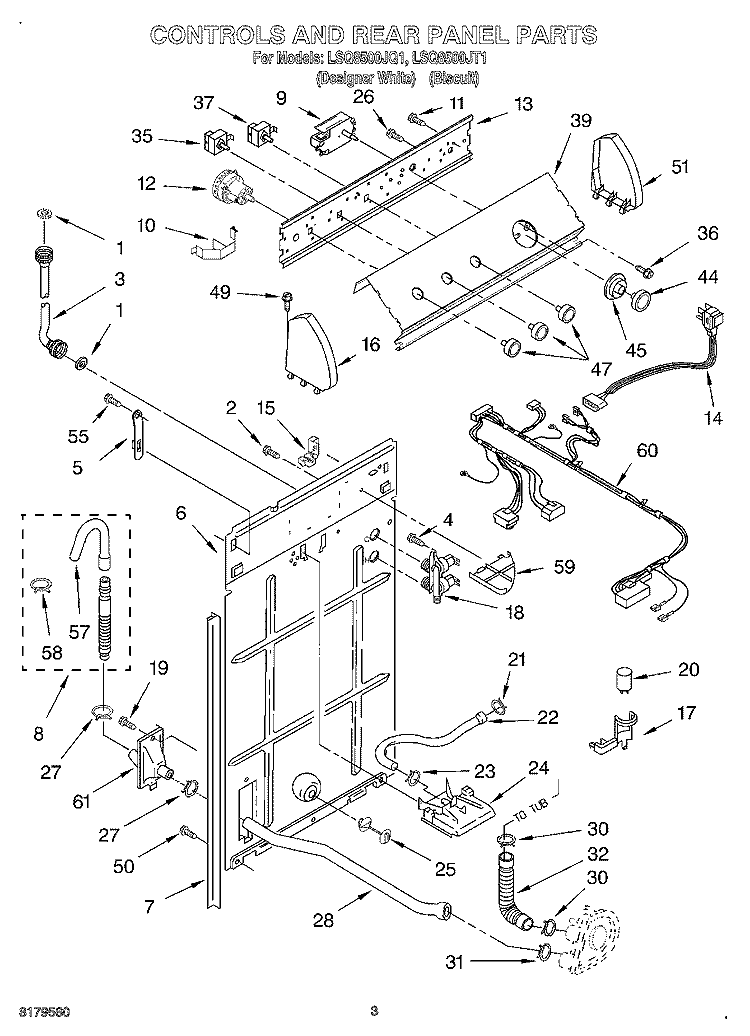 CONTROLS AND REAR PANEL Diagram and Parts List for LSQ8500JT1  Whirlpool Washer