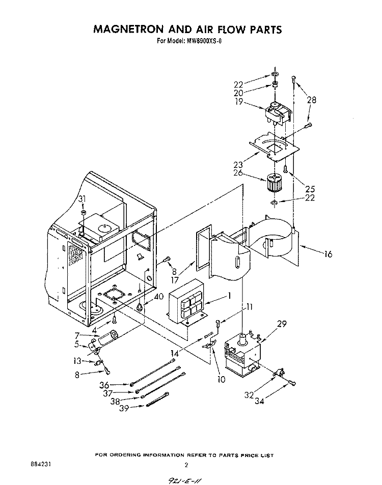 MAGNETRON AND AIR FLOW Diagram and Parts List for MW8900XS0  Whirlpool Microwave