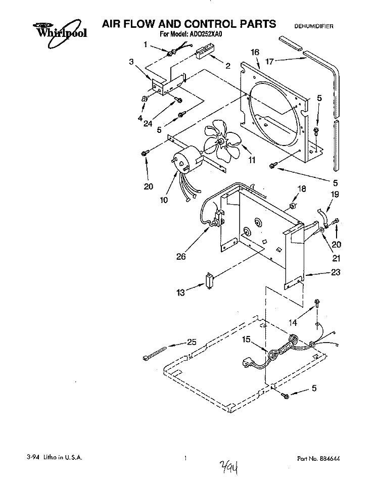 SECTION Diagram and Parts List for AD0252XA0  Whirlpool Dehumidifier