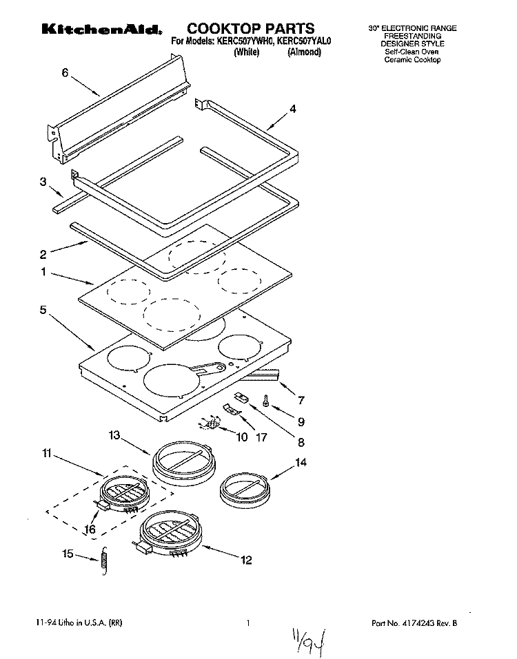 COOKTOP, LITERATURE Diagram and Parts List for KERC507YAL0  KitchenAid Range
