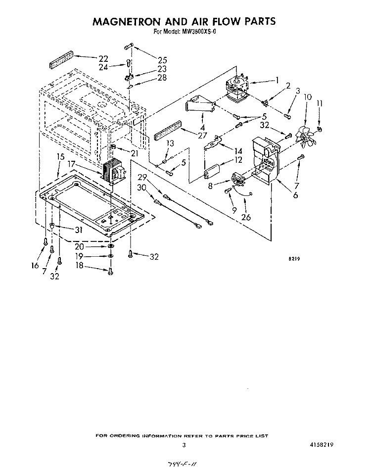 MAGNETRON AND AIRFLOW Diagram and Parts List for MW3600XS0  Whirlpool Microwave