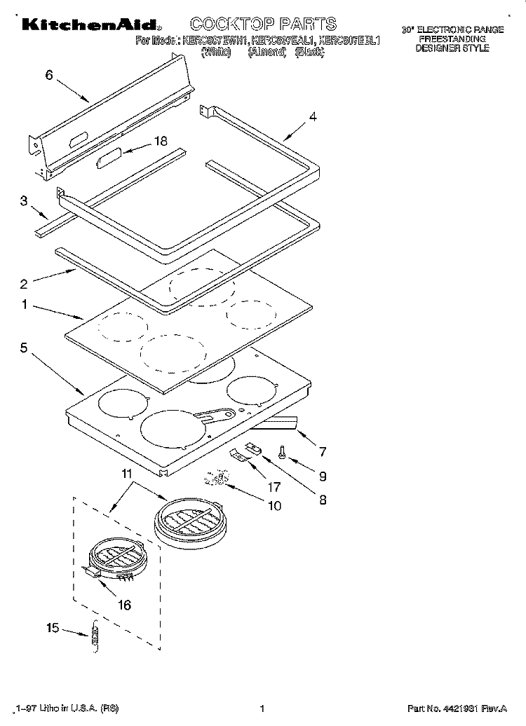 COOKTOP Diagram and Parts List for KERC507EAL1  KitchenAid Range
