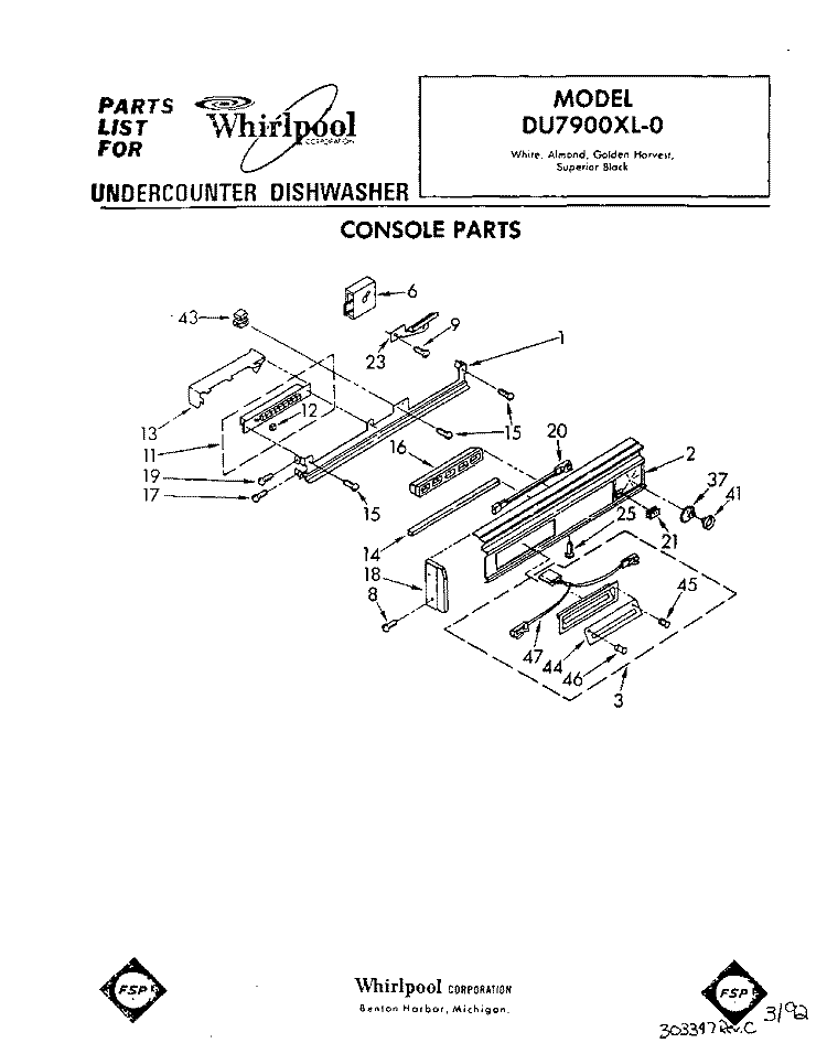 CONSOLE Diagram and Parts List for DU7900XL0  Whirlpool Dishwasher