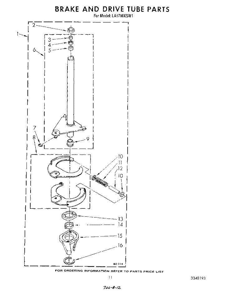 BRAKE AND DRIVE TUBE Diagram and Parts List for LA5700XSW1  Whirlpool Washer