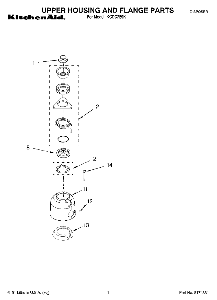 SECTION Diagram and Parts List for KCDC250K  KitchenAid Food Waste Disposer