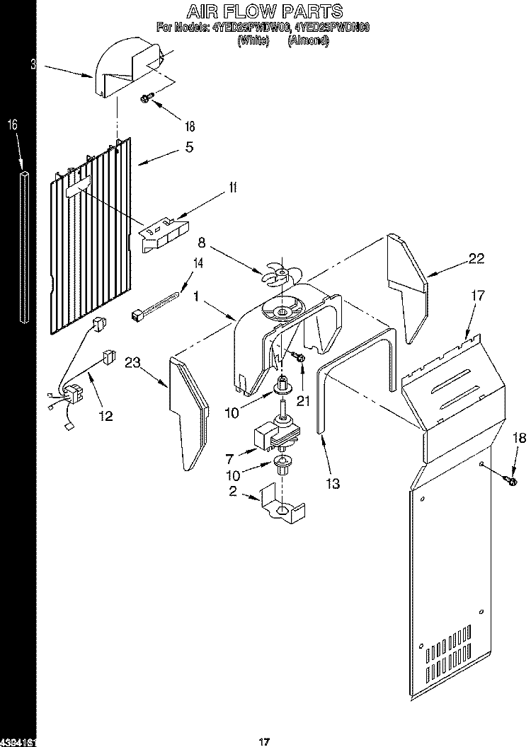 AIR FLOW Diagram and Parts List for 4YED25PWDN00  Whirlpool Refrigerator