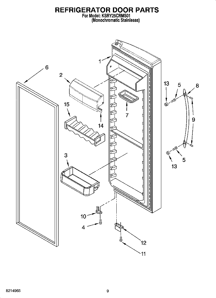 REFRIGERATOR DOOR PARTS Diagram and Parts List for KSRY25CRMS01  KitchenAid Refrigerator