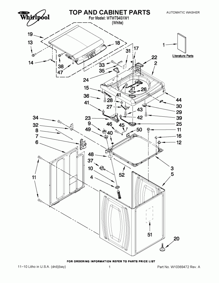 TOP AND CABINET PARTS Diagram and Parts List for WTW7340XW1  Whirlpool Washer