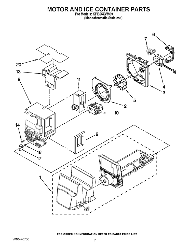 MOTOR AND ICE CONTAINER PARTS Diagram and Parts List for GI5FVAXYQ00  Whirlpool Refrigerator