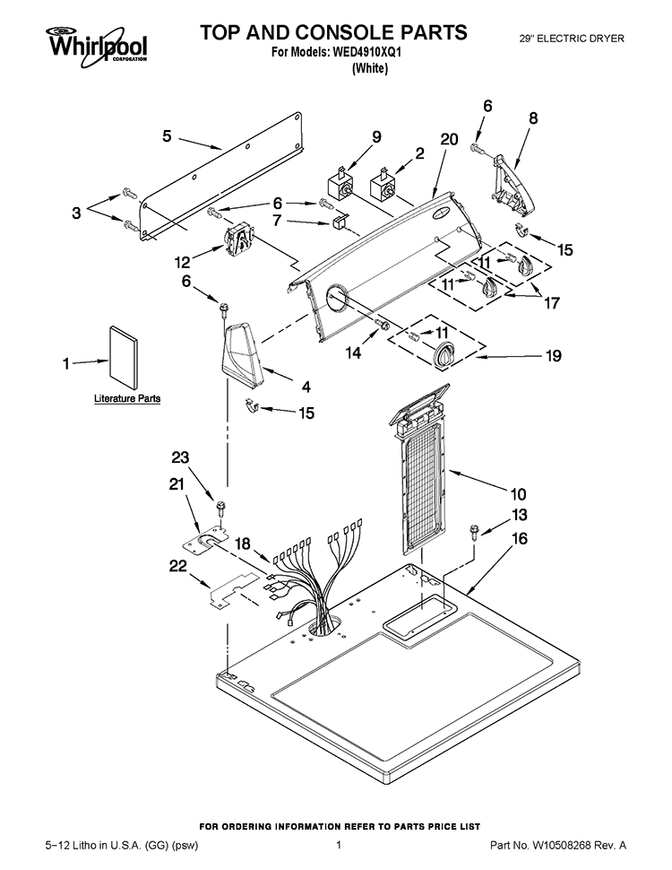 TOP AND CONSOLE PARTS Diagram and Parts List for WED4910XQ1  Whirlpool Dryer