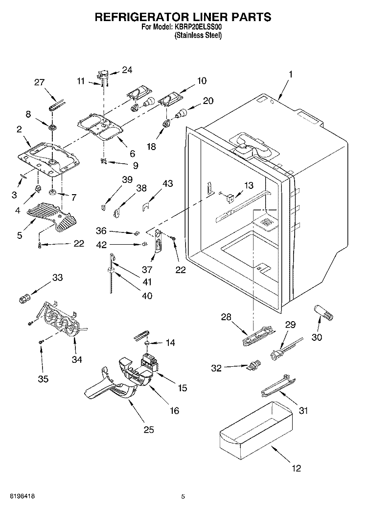 REFRIGERATOR LINER PARTS Diagram and Parts List for KBRP20ELSS00  KitchenAid Refrigerator