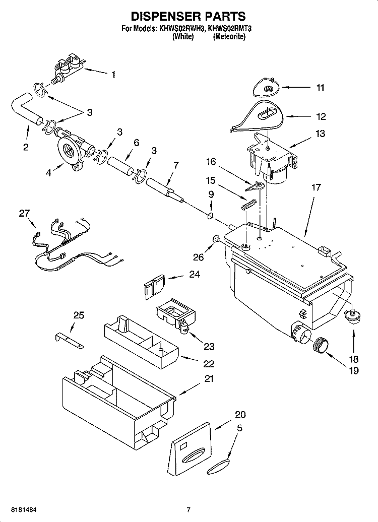DISPENSER PARTS Diagram and Parts List for KHWS02RWH3  KitchenAid Washer