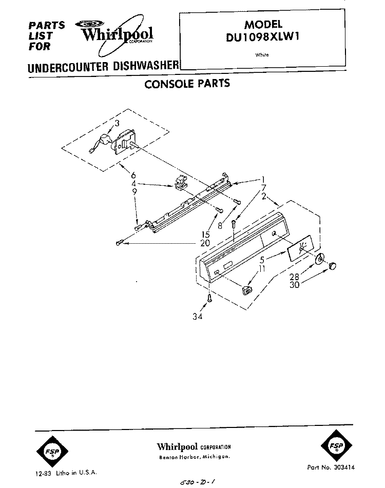 CONSOLE Diagram and Parts List for DU1098XLW1  Whirlpool Dishwasher