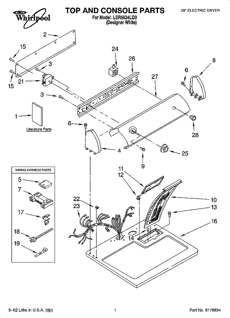 TOP AND CONSOLE PARTS Diagram and Parts List for LER5634LQ0  Whirlpool Dryer