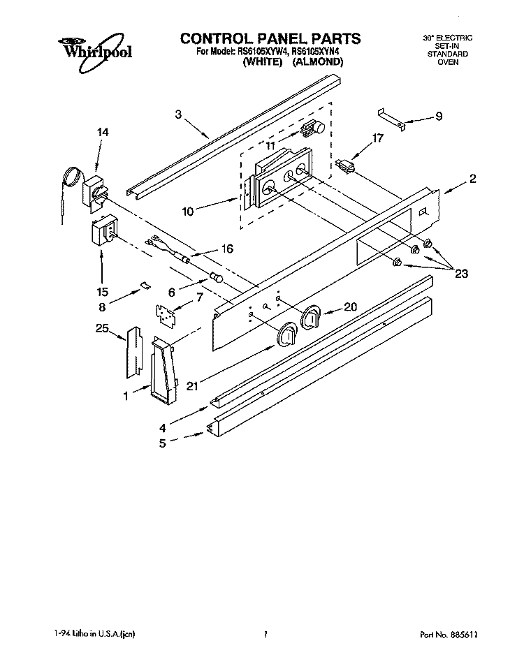 CONTROL PANEL Diagram and Parts List for RS6105XYN4  Whirlpool Range
