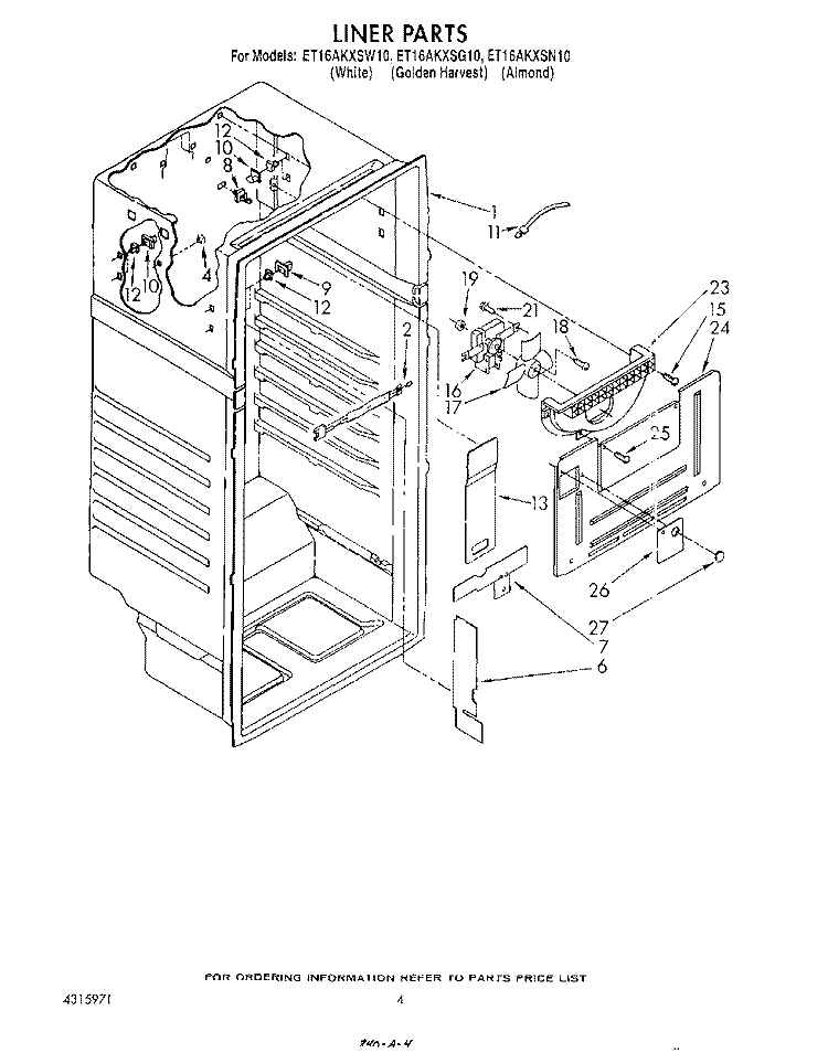 LINER Diagram and Parts List for ET16AKXSW10  Whirlpool Refrigerator