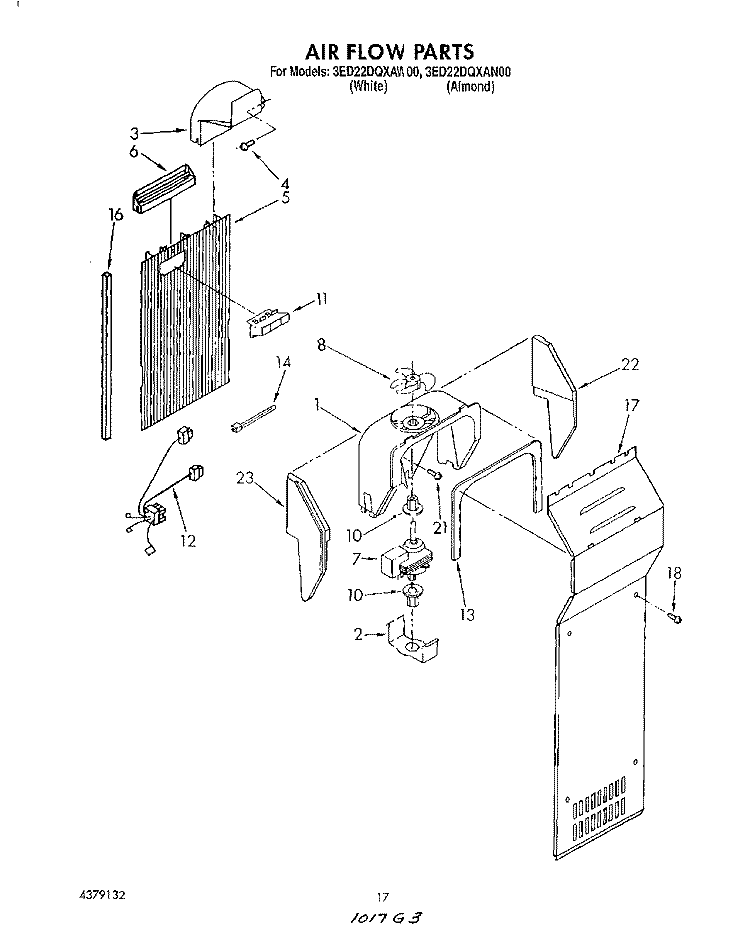 AIR FLOW Diagram and Parts List for 3ED22DQXAW00  Whirlpool Refrigerator