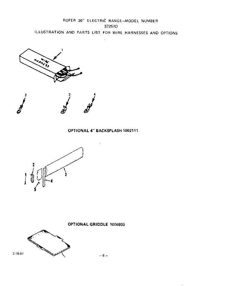 WIRE HARNESS Diagram and Parts List for S7257X0  Roper Range