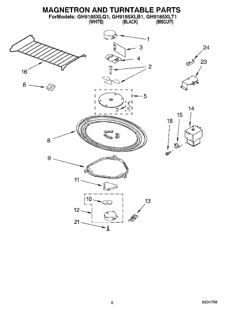 MAGNETRON AND TURNTABLE PARTS Diagram and Parts List for GH9185XLT1  Whirlpool Microwave