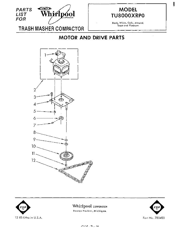 MOTOR AND DRIVE , LITERATURE Diagram and Parts List for TU8000XRP0  Whirlpool Trash Compactor