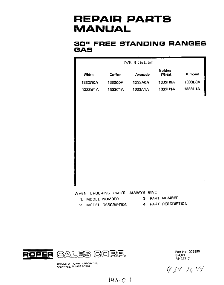 BACKGUARD Diagram and Parts List for 1333^1A  Whirlpool Range