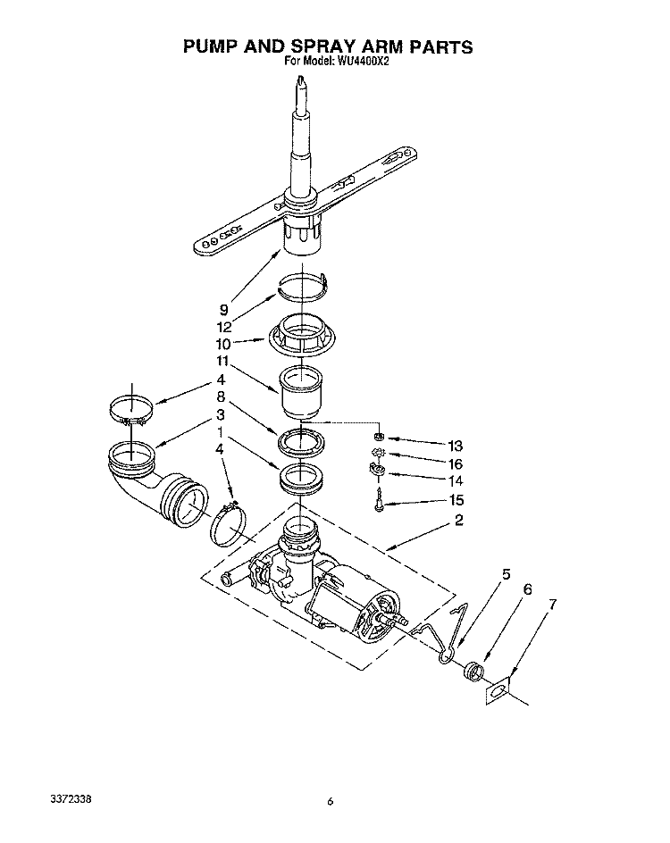 PUMP AND SPRAY ARM Diagram and Parts List for WU4400X2  Roper Dishwasher