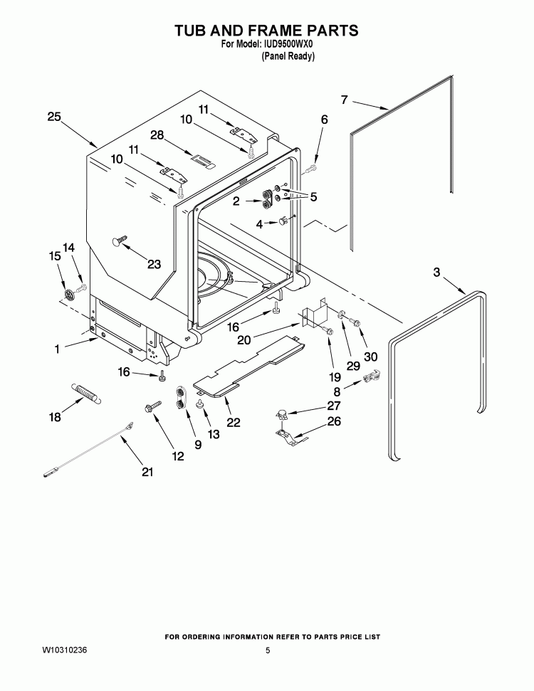 TUB AND FRAME PARTS Diagram and Parts List for IUD9500WX0  Whirlpool Dishwasher