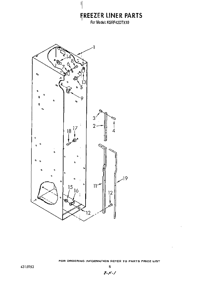 FREEZER LINER Diagram and Parts List for KSRF42DTX10  KitchenAid Refrigerator