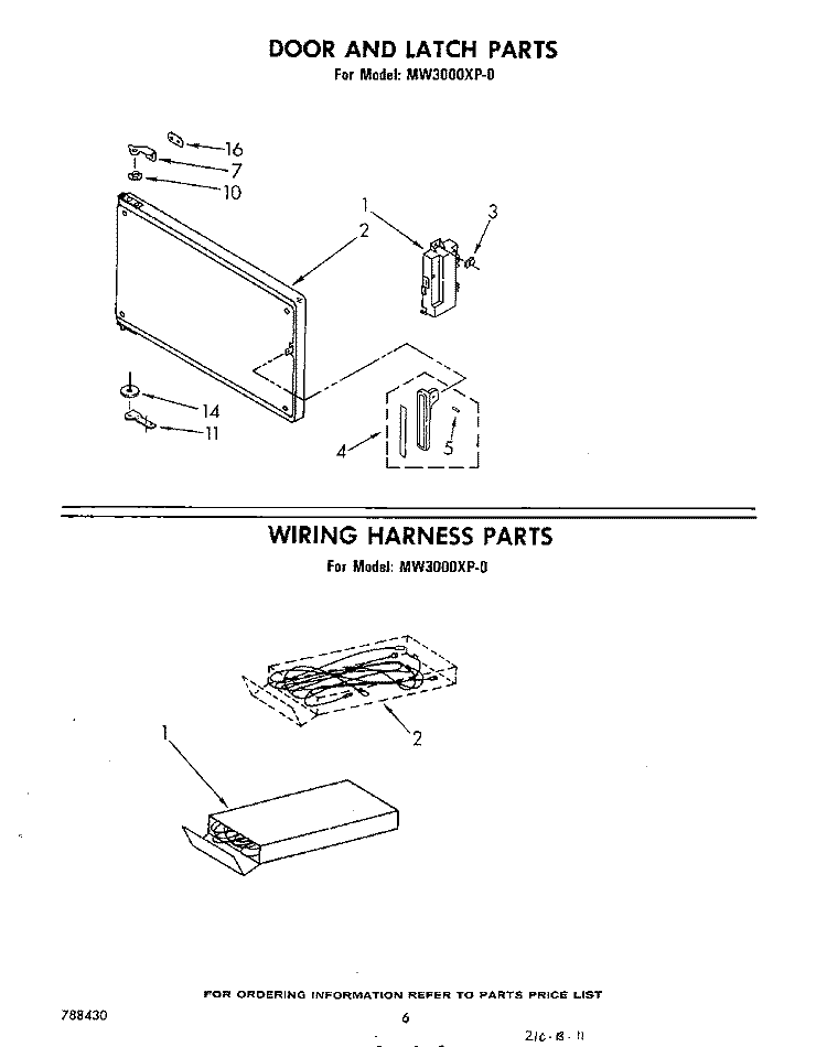 DOOR AND LATCH , WIRING HARNESS Diagram and Parts List for MW3000XP0  Whirlpool Microwave